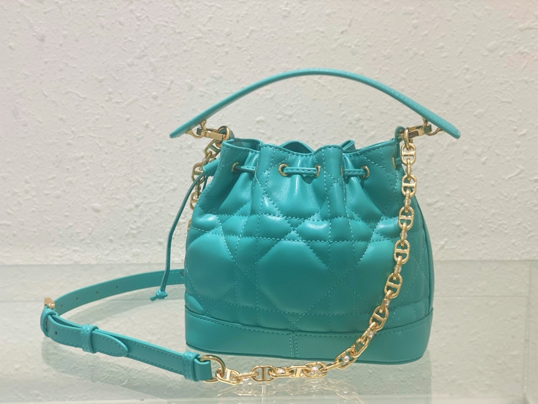 Small Dior Jolie Bucket Bag Aquamarina Macrocannage Lambskin and Calfskin